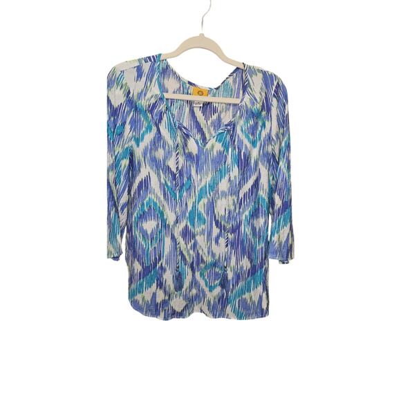Ruby Rd Boho Tunic Top M – Blue Purple Ikat Print 3/4 Sleeve Tassel Blouse - Picture 2 of 4